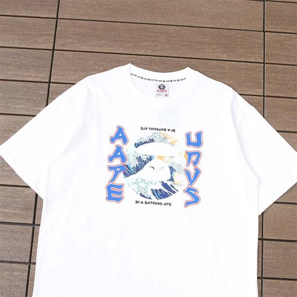 AAPE Monkey Head Wave Print Logo T-Shirt - White Short Sleeve - Picture 2 of 6